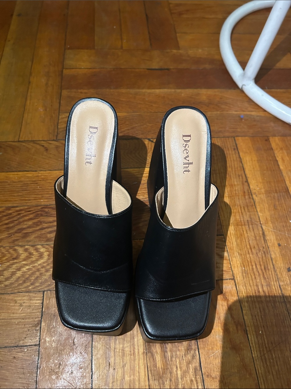 Dsevht Black Platform Mule Sandals | Square Toe Chunky Block Heel | W size 37